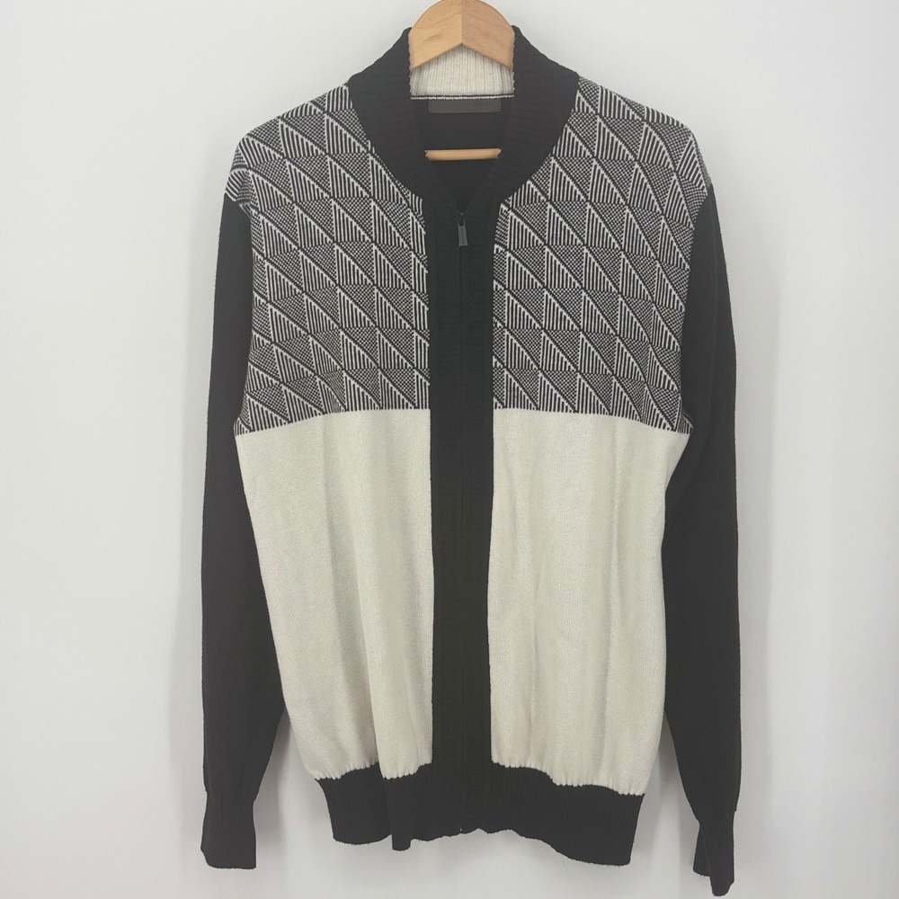 Sean John Mens XL Full Zip Cardigan Sweater Black White Geometric Streetwear